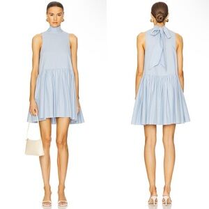 Azeeza Marie Mini Dress in Powder Blue Cotton Tie Bow Neck Ruffle Revolve Medium